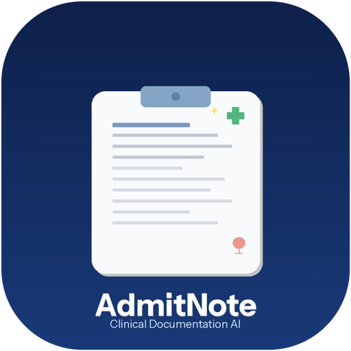 AdmitNote app icon — a clipboard with a clinical note
