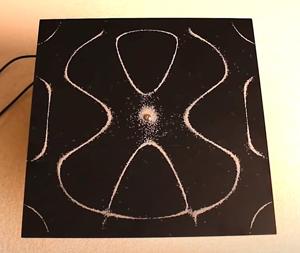 A modern Chladni plate photographed live — a dark square metal surface with white sand settled along two large, curved nodal regions resembling stylized lobes.