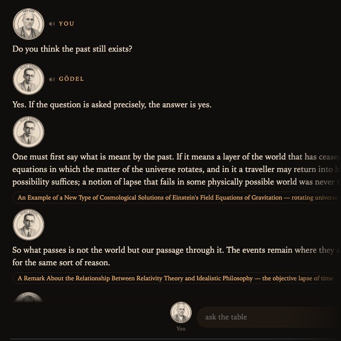 Symposium: asked “Do you think the past still exists?”, Gödel answers, citing his own papers on rotating universes and the lapse of time